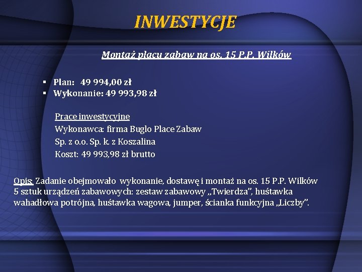 INWESTYCJE Montaż placu zabaw na os. 15 P. P. Wilków § Plan: 49 994,