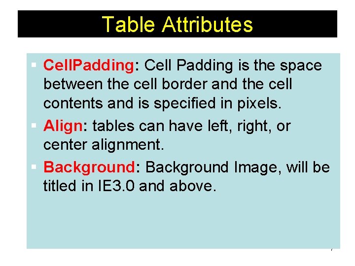 Table Attributes § Cell. Padding: Cell Padding is the space between the cell border