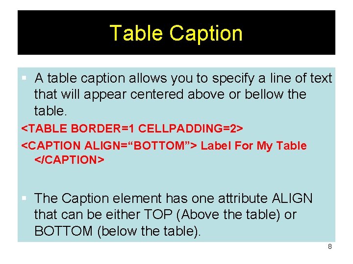 Table Caption § A table caption allows you to specify a line of text