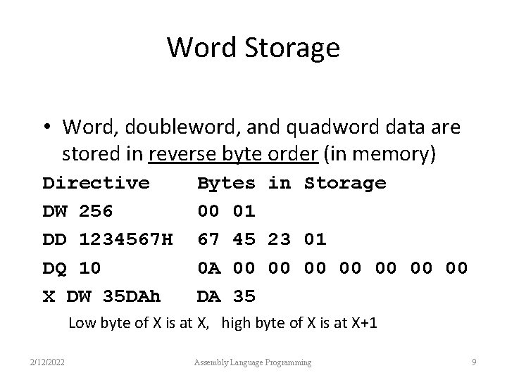 Word Storage • Word, doubleword, and quadword data are stored in reverse byte order