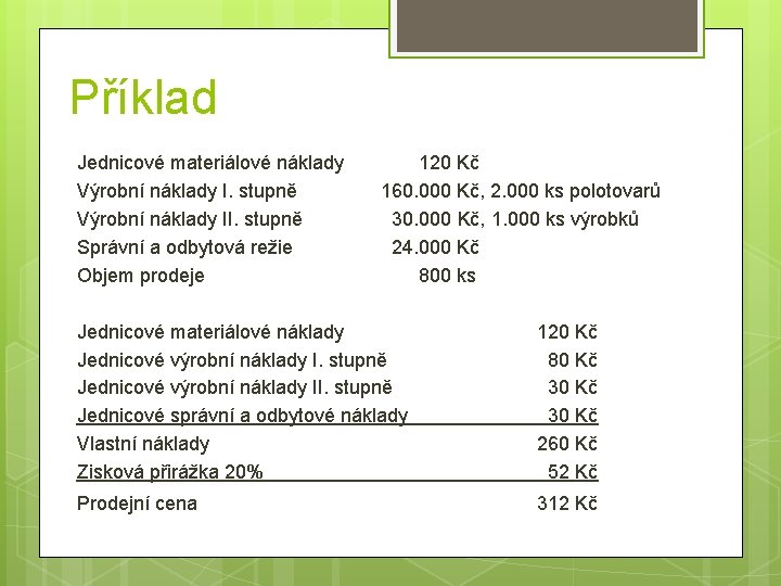 Příklad Jednicové materiálové náklady Výrobní náklady I. stupně Výrobní náklady II. stupně Správní a