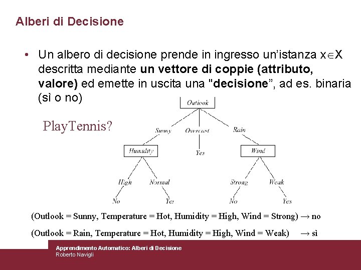 Alberi di Decisione • Un albero di decisione prende in ingresso un’istanza x X