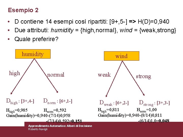 Esempio 2 • D contiene 14 esempi così ripartiti: [9+, 5 -] => H(D)=0,