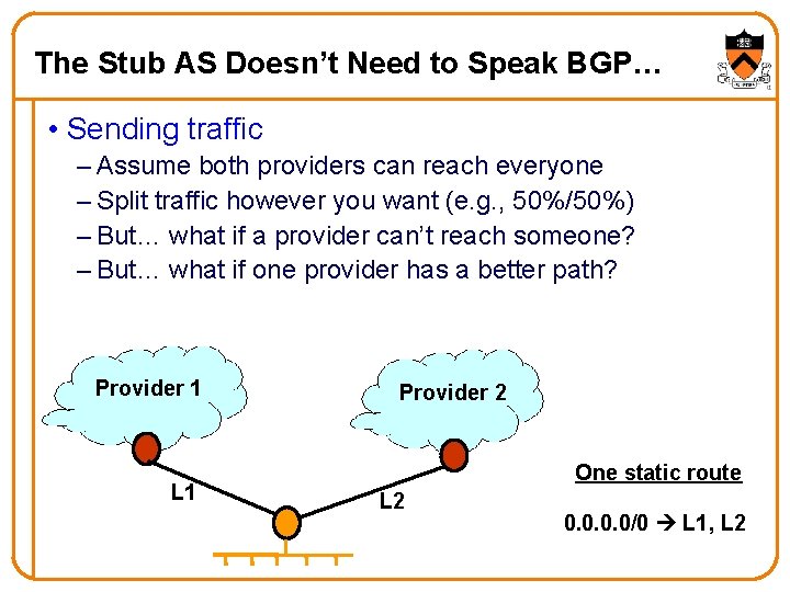 The Stub AS Doesn’t Need to Speak BGP… • Sending traffic – Assume both