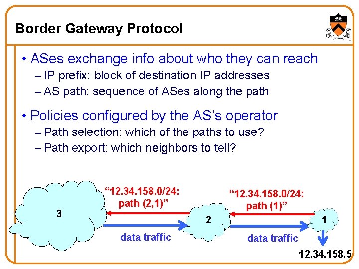 Border Gateway Protocol • ASes exchange info about who they can reach – IP