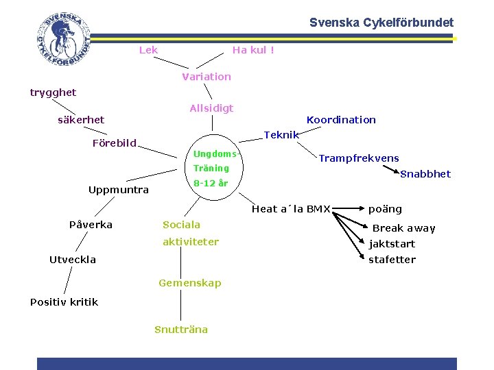 Svenska Cykelförbundet Ha kul ! Lek Variation trygghet Allsidigt säkerhet Koordination Teknik Förebild Ungdoms.