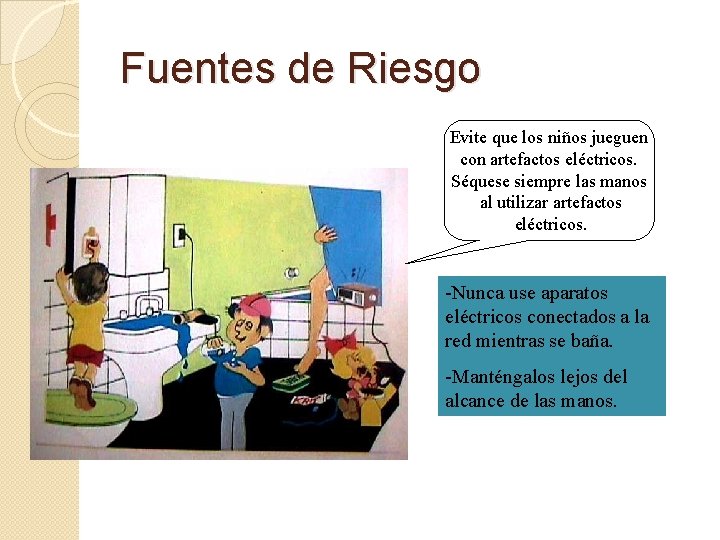 Fuentes de Riesgo Evite que los niños jueguen con artefactos eléctricos. Séquese siempre las