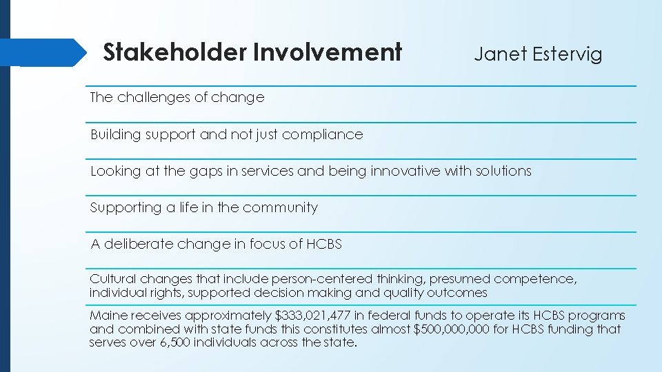 Stakeholder Involvement Janet Estervig The challenges of change Building support and not just compliance Stakeholder Involvement Janet Estervig The challenges of change Building support and not just compliance