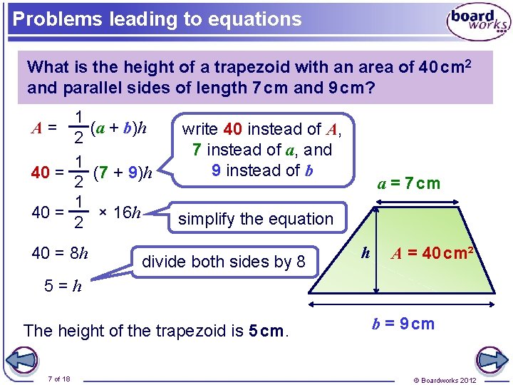 Problems leading to equations What is the height of a trapezoid with an area