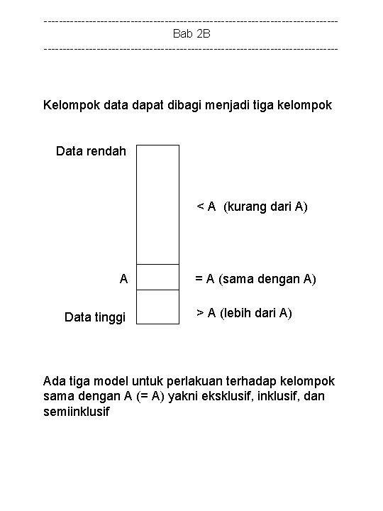 ---------------------------------------Bab 2 B --------------------------------------- Kelompok data dapat dibagi menjadi tiga kelompok Data rendah <