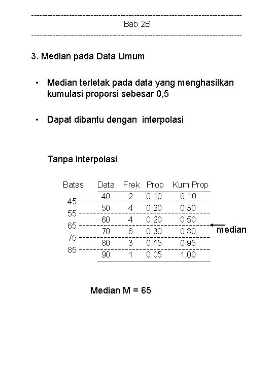 ---------------------------------------Bab 2 B --------------------------------------- 3. Median pada Data Umum • Median terletak pada data
