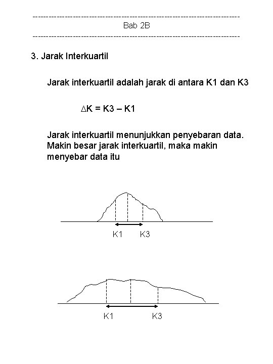 --------------------------------------Bab 2 B --------------------------------------- 3. Jarak Interkuartil Jarak interkuartil adalah jarak di antara K