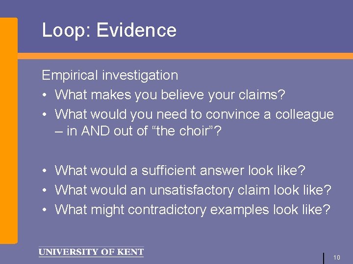 Loop: Evidence Empirical investigation • What makes you believe your claims? • What would