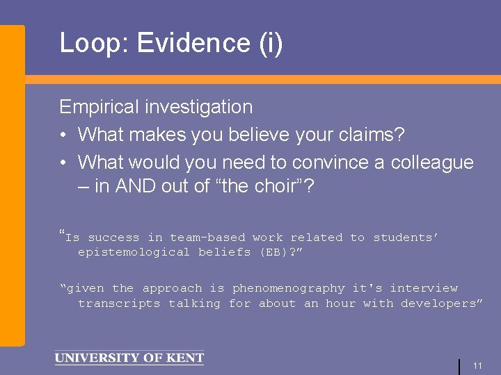 Loop: Evidence (i) Empirical investigation • What makes you believe your claims? • What