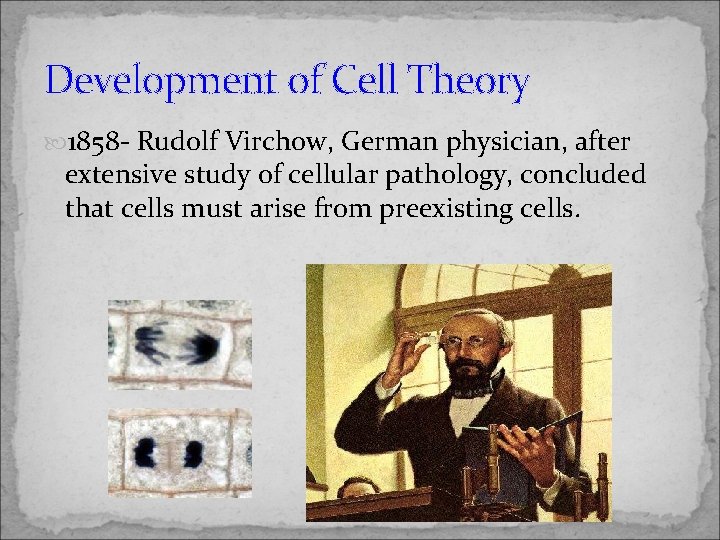 Development of Cell Theory 1858 - Rudolf Virchow, German physician, after extensive study of