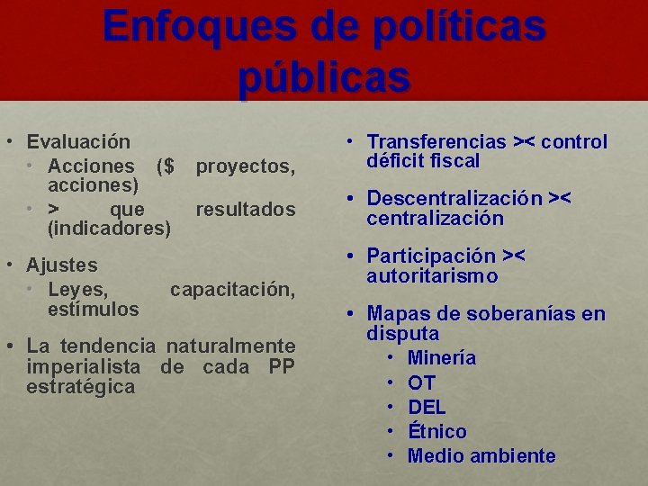 Enfoques de políticas públicas • Evaluación • Acciones ($ acciones) • > que (indicadores)