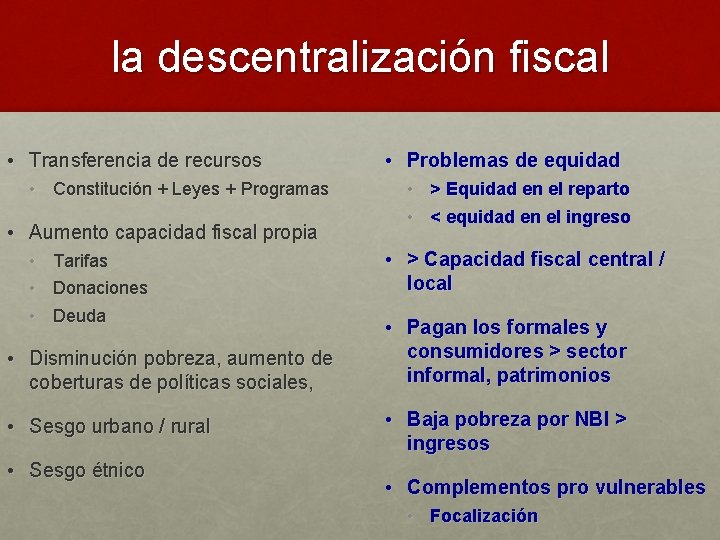 la descentralización fiscal • Transferencia de recursos • Constitución + Leyes + Programas •