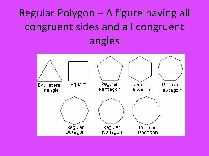 Regular Polygon – A figure having all congruent sides and all congruent angles 