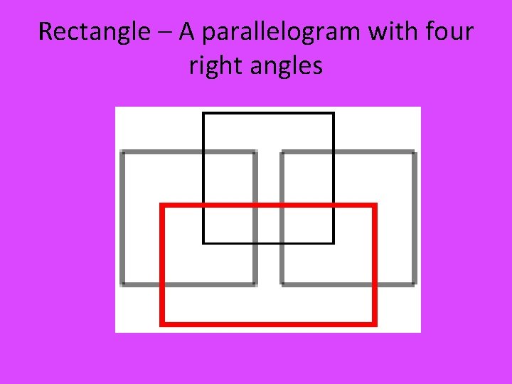 Rectangle – A parallelogram with four right angles 