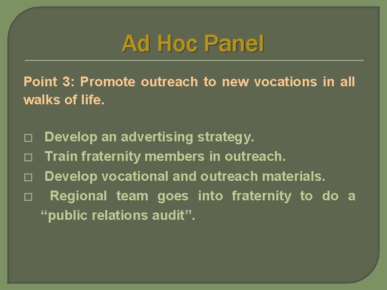 Ad Hoc Panel Point 3: Promote outreach to new vocations in all walks of