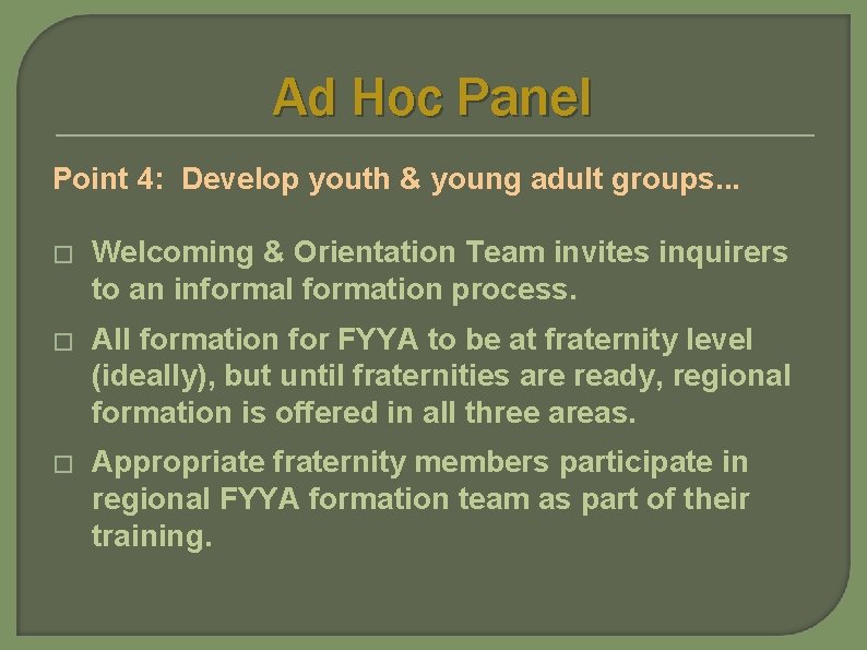 Ad Hoc Panel Point 4: Develop youth & young adult groups. . . �