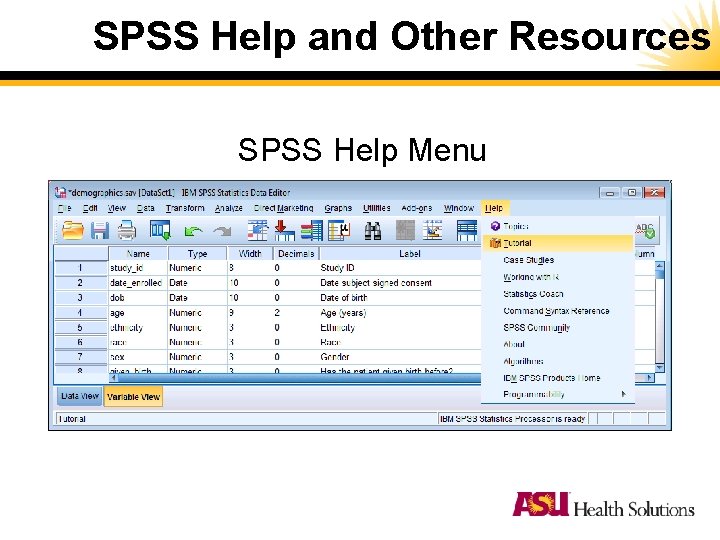 SPSS Help and Other Resources SPSS Help Menu SPSS Help and Other Resources SPSS Help Menu