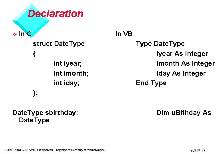 Declaration v In C In VB struct Date. Type { int iyear; int imonth;