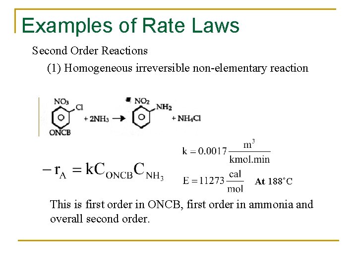 Examples of Rate Laws Second Order Reactions (1) Homogeneous irreversible non-elementary reaction At 188˚C