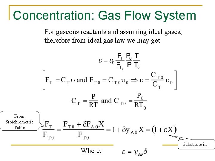 Concentration: Gas Flow System For gaseous reactants and assuming ideal gases, therefore from ideal