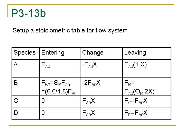 P 3 -13 b Setup a stoiciometric table for flow system Species Entering Change