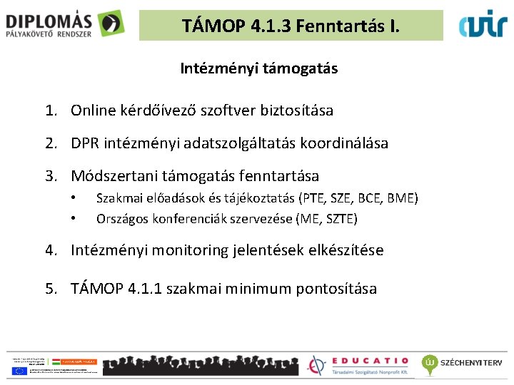 TÁMOP 4. 1. 3 Fenntartás I. Intézményi támogatás 1. Online kérdőívező szoftver biztosítása 2.