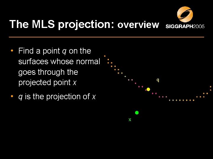 The MLS projection: overview • Find a point q on the surfaces whose normal