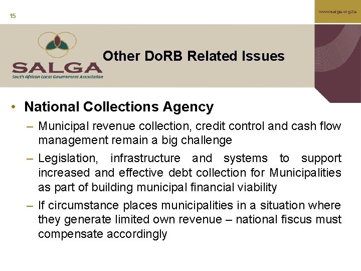 www. salga. org. za 15 Other Do. RB Related Issues • National Collections Agency