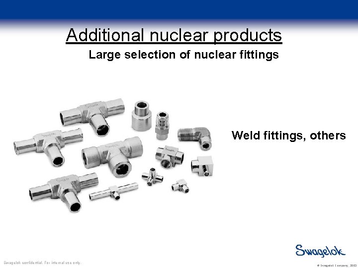 Additional nuclear products Large selection of nuclear fittings Weld fittings, others Swagelok confidential. For