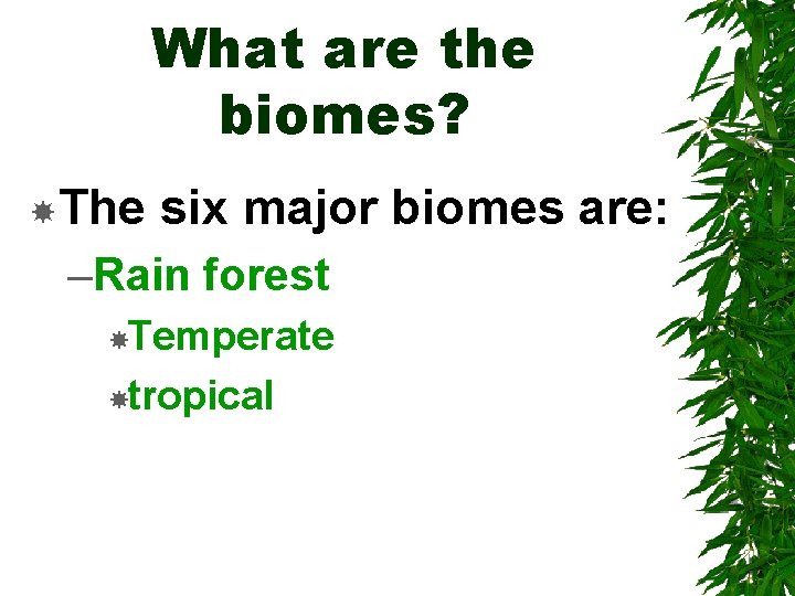 What are the biomes? The six major biomes are: –Rain forest Temperate tropical 