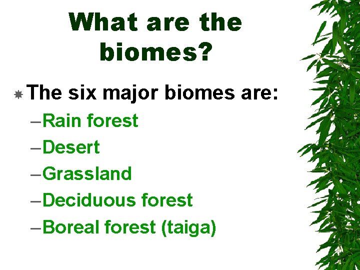 What are the biomes? The six major biomes are: – Rain forest – Desert