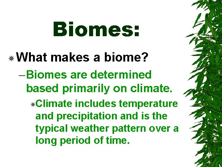 Biomes: What makes a biome? – Biomes are determined based primarily on climate. Climate