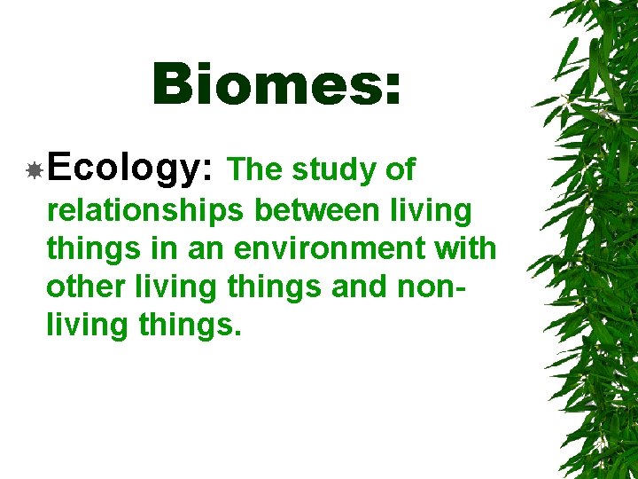 Biomes: Ecology: The study of relationships between living things in an environment with other