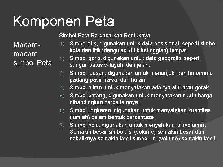 Komponen Peta Macammacam simbol Peta Simbol Peta Berdasarkan Bentuknya 1) Simbol titik, digunakan untuk