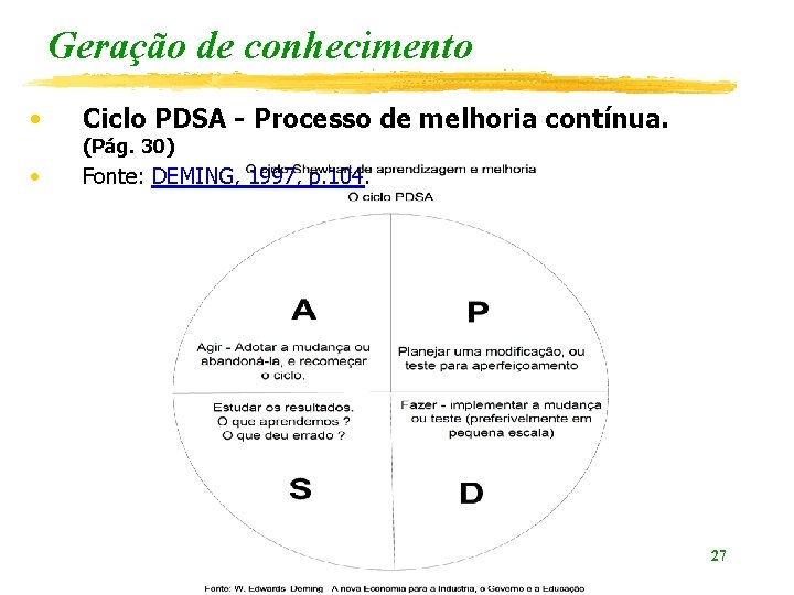 Geração de conhecimento • Ciclo PDSA - Processo de melhoria contínua. • Fonte: DEMING,