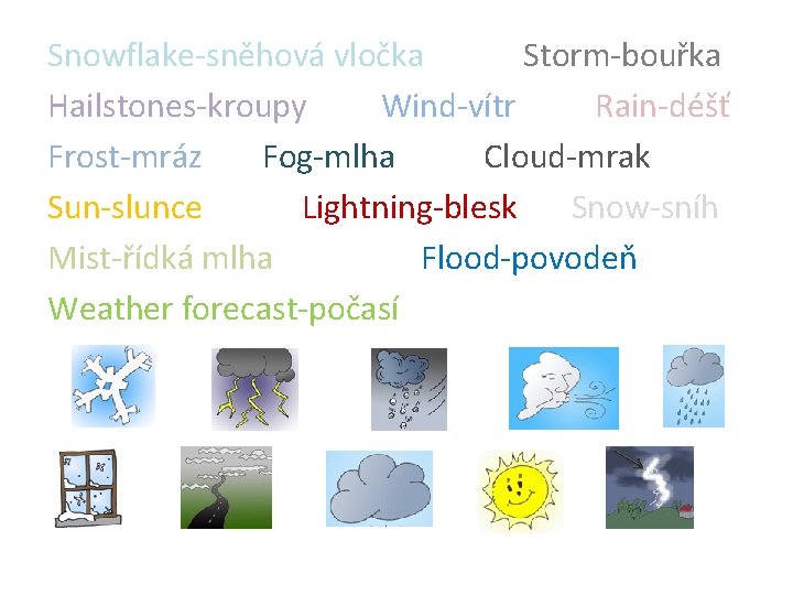 Snowflake-sněhová vločka Storm-bouřka Hailstones-kroupy Wind-vítr Rain-déšť Frost-mráz Fog-mlha Cloud-mrak Sun-slunce Lightning-blesk Snow-sníh Mist-řídká mlha