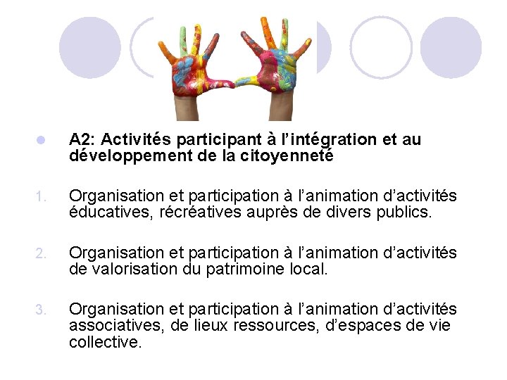 l A 2: Activités participant à l’intégration et au développement de la citoyenneté 1.