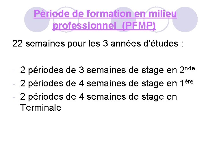 Période de formation en milieu professionnel (PFMP) 22 semaines pour les 3 années d’études