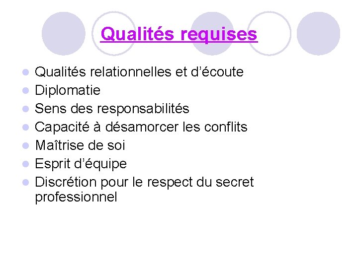 Qualités requises l l l l Qualités relationnelles et d’écoute Diplomatie Sens des responsabilités