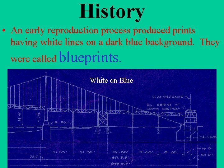 History • An early reproduction process produced prints having white lines on a dark