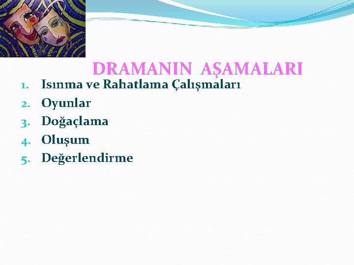 1. 2. 3. 4. 5. DRAMANIN AŞAMALARI Isınma ve Rahatlama Çalışmaları Oyunlar Doğaçlama Oluşum