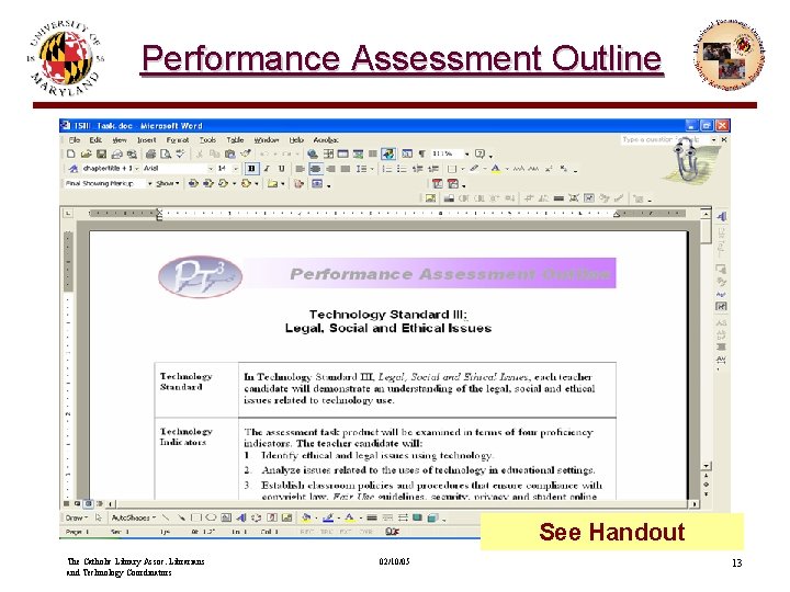 Performance Assessment Outline See Handout The Catholic Library Assoc. Librarians and Technology Coordinators 02/10/05