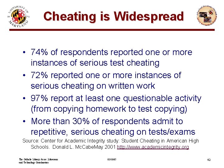 Cheating is Widespread • 74% of respondents reported one or more instances of serious