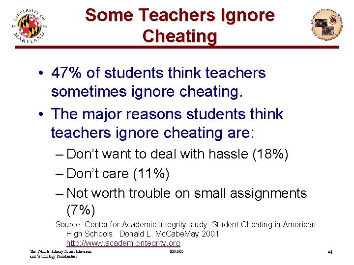 Some Teachers Ignore Cheating • 47% of students think teachers sometimes ignore cheating. •