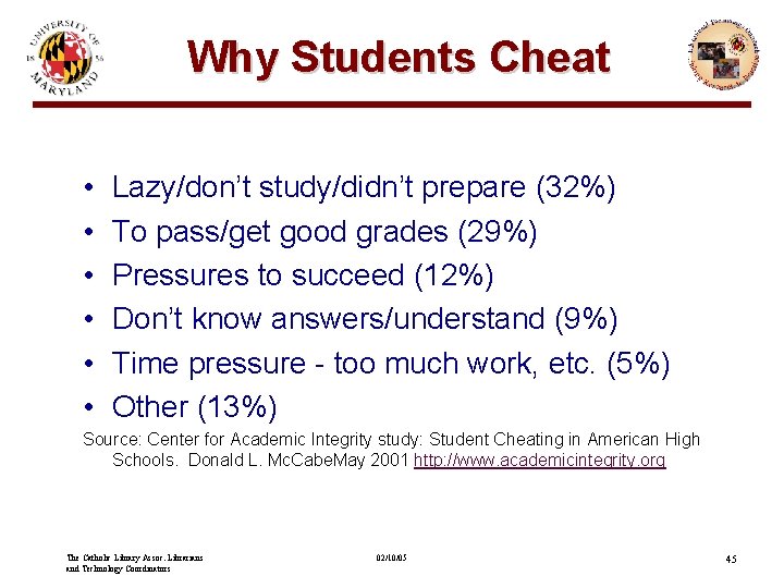 Why Students Cheat • • • Lazy/don’t study/didn’t prepare (32%) To pass/get good grades